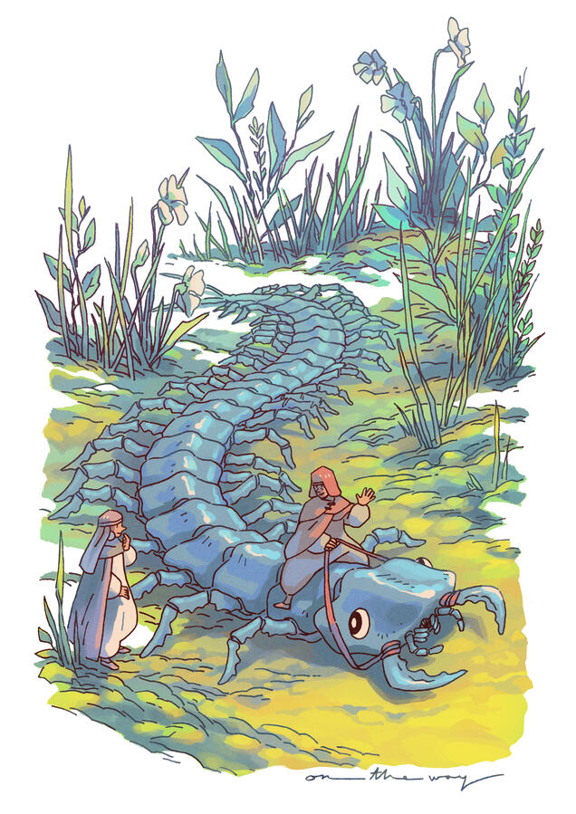 centipede taxi - original story illustration, ink drawing from my sketchbook, coloured in procreate